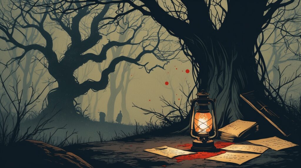 Illustrated image of a foggy English woodland at dusk with a hollow tree, a glowing lantern, scattered papers, and a shadowy figure in the distance, symbolizing folklore and mystery associated with the Bella in the Wych Elm case.