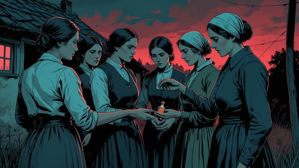 Cinematic illustration of early 20th-century village women standing together at dusk, one passing a small vial to another, symbolizing the shared secrecy of the Angel Makers of Nagyrév.