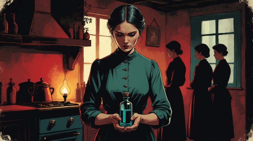 Cinematic illustration of a rural Hungarian woman holding a bottle of poison inside a dimly lit early 20th-century kitchen, with other women standing silently in the background — representing the Angel Makers of Nagyrév.