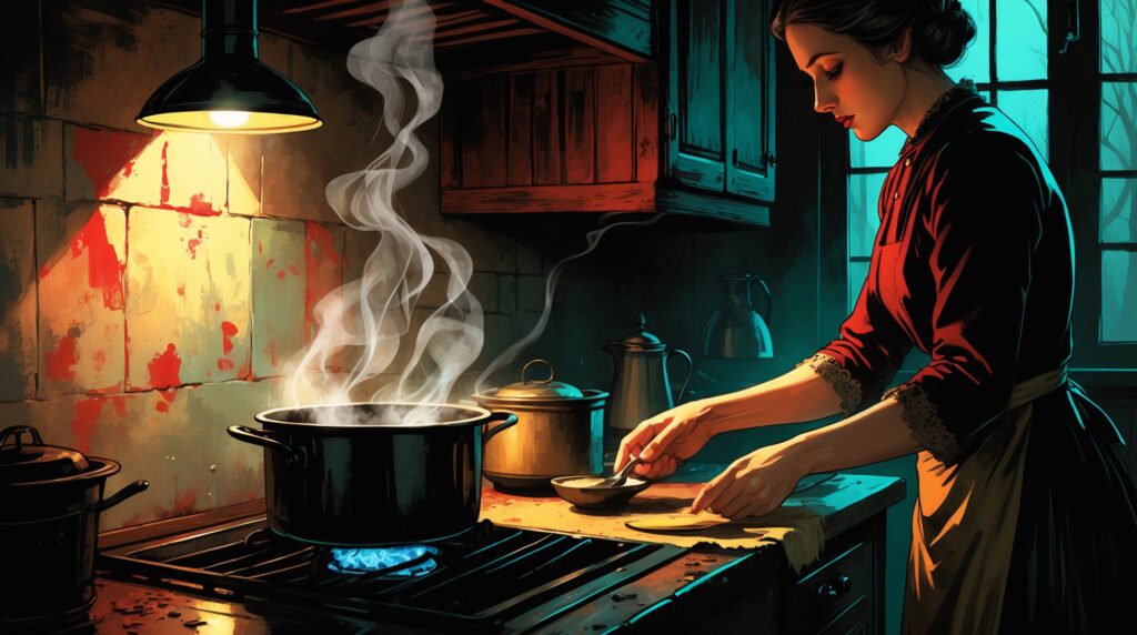 Cinematic illustration of a woman preparing food beside a steaming pot in a dim early 20th-century kitchen, symbolizing the use of arsenic poisoning in the Angel Makers of Nagyrév case.

If you want a slightly more descriptive option: