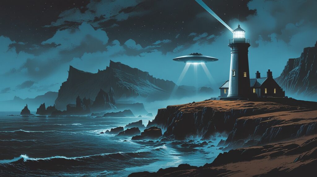 Vintage graphic-style image of a remote lighthouse on a rocky Scottish island at night, with a strange UFO hovering over the misty coastline and shining a beam of light near the cliffs.