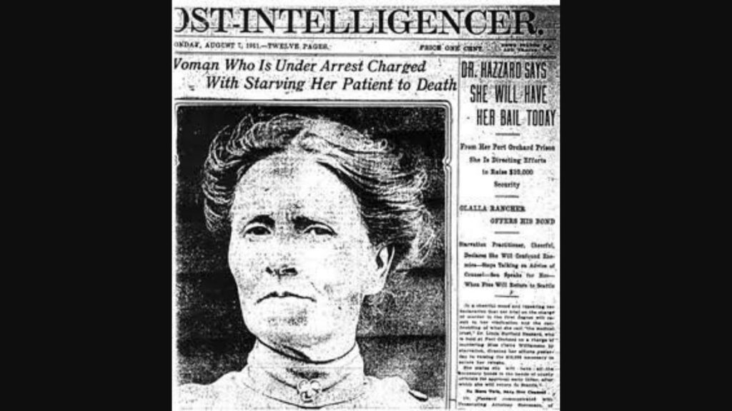 1911 Seattle Post-Intelligencer front page newspaper clipping covering the arrest of Linda Hazzard for starving patients