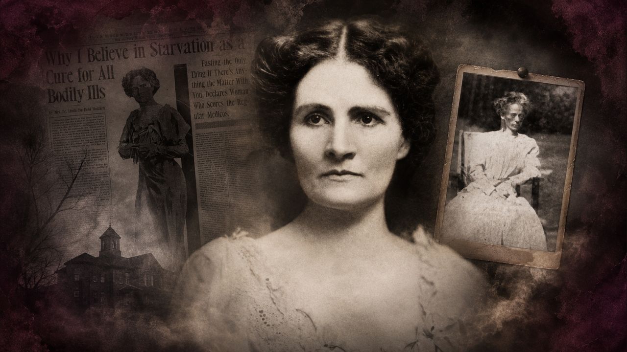 Vintage portrait of Linda Hazzard with a newspaper clipping headline reading 'Why I Believe in Starvation as a Cure' and an emaciated victim photo.