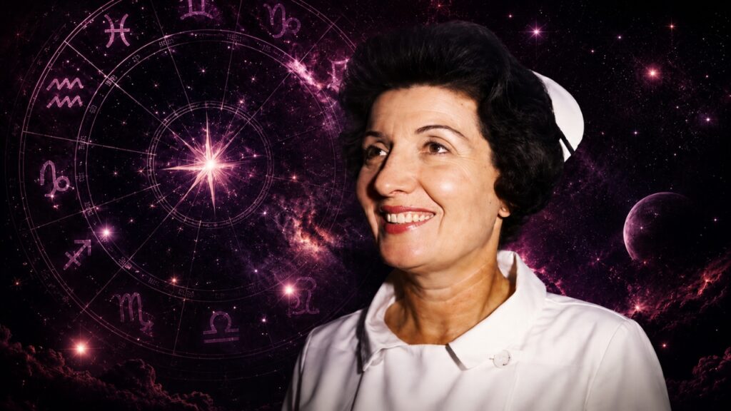 Illustration of Bonnie Nettles in a white nurse cap and uniform smiling in front of an astrological wheel and starry galaxy background