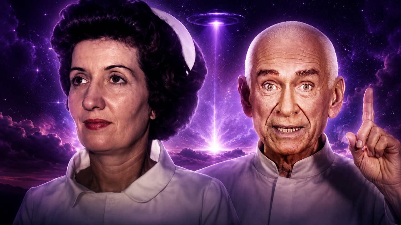 Digital illustration of Heaven's Gate co-founders Bonnie Nettles in a nurse uniform and Marshall Applewhite set against a purple cosmic space background with a UFO.